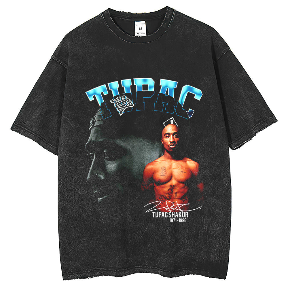Men T Shirts Tupac Street Hip Hop Wash Old T-Shirt Short Sleeve