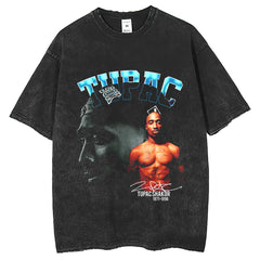 Men T Shirts Tupac Street Hip Hop Wash Old T-Shirt Short Sleeve