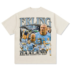 Mens Vintage Football T-Shirt Haaland Printed Short Sleeve T-Shirt Vintage Washed Loose