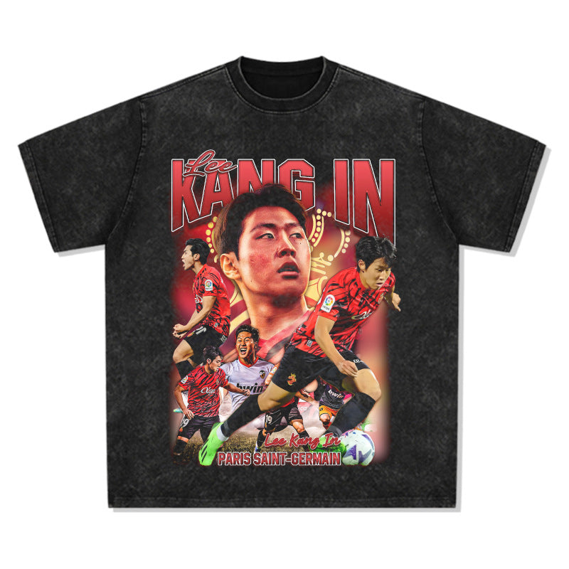 Mens Vintage Football T-Shirt Lee Kang In Printed Washed Old Short Sleeve T-Shirt