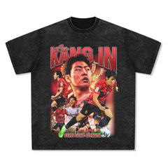 Mens Vintage Football T-Shirt Lee Kang In Printed Washed Old Short Sleeve T-Shirt
