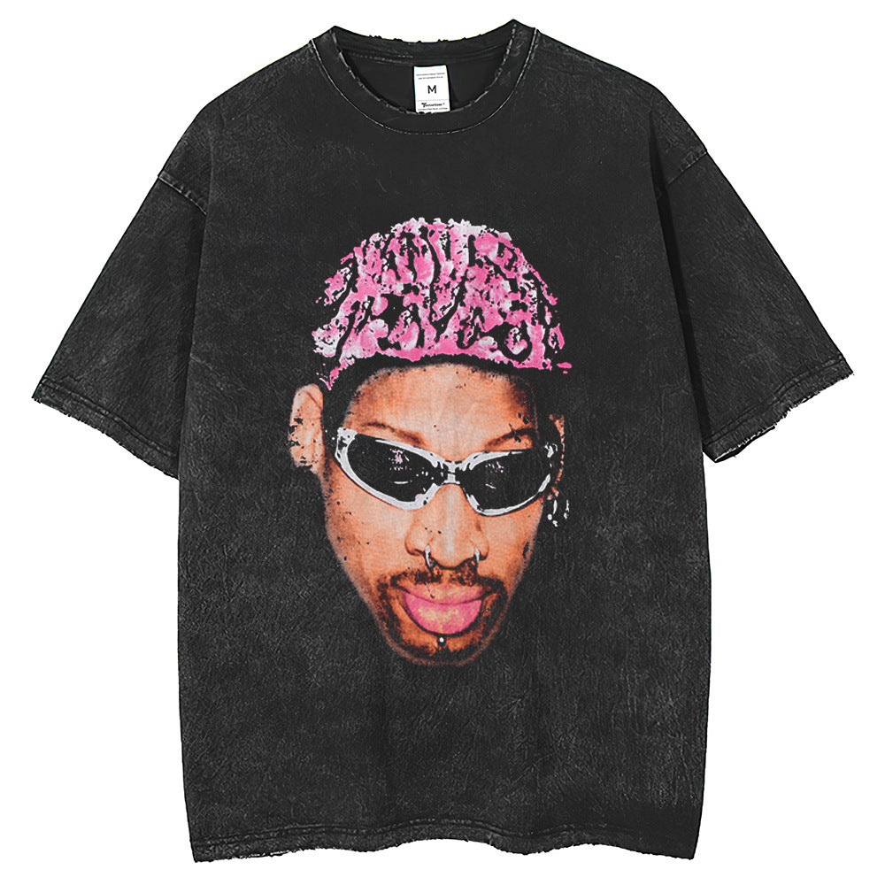 Mens T Shirts Dennis Rodman Printed Short Sleeve T-Shirt Washed and Old