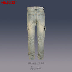 Men Vintage Pants Multi-pocket Straight Jeans With Belt MIJKO