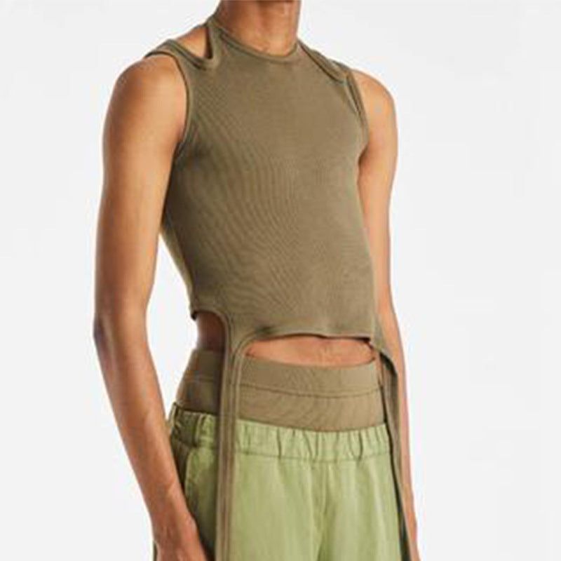 Rave Outfits Mens Vest Double-Shoulder Strap Tassel Knitted