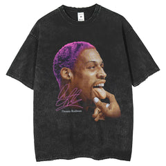Mens T Shirts Dennis Rodman Printed T-Shirt Washed Vintage Old Loose