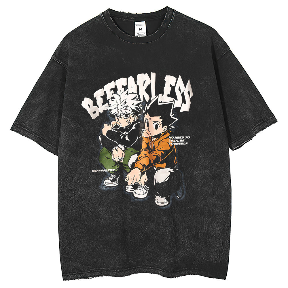 Men T Shirts Washing Water Old Full-time Lovers Printing Loose Vintage Casual