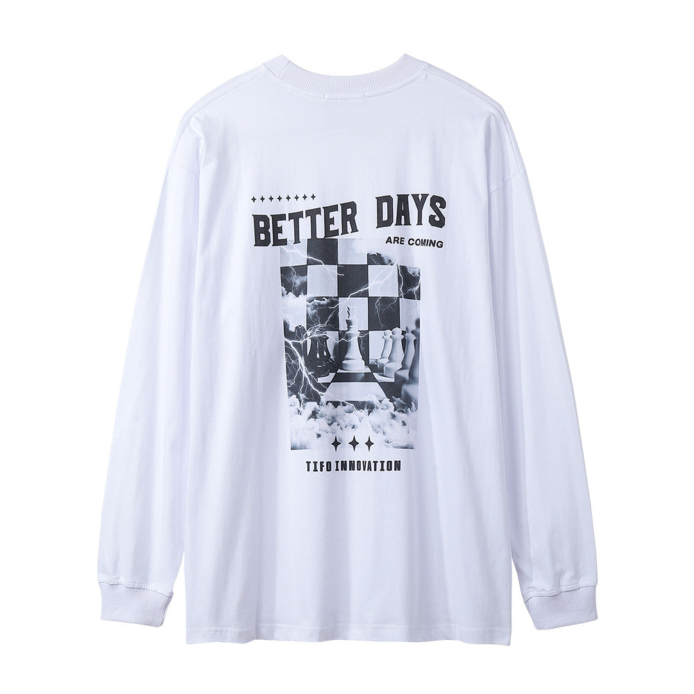 Men Long Sleeve T Shirt Creative Checkerboard Pattern Distressed