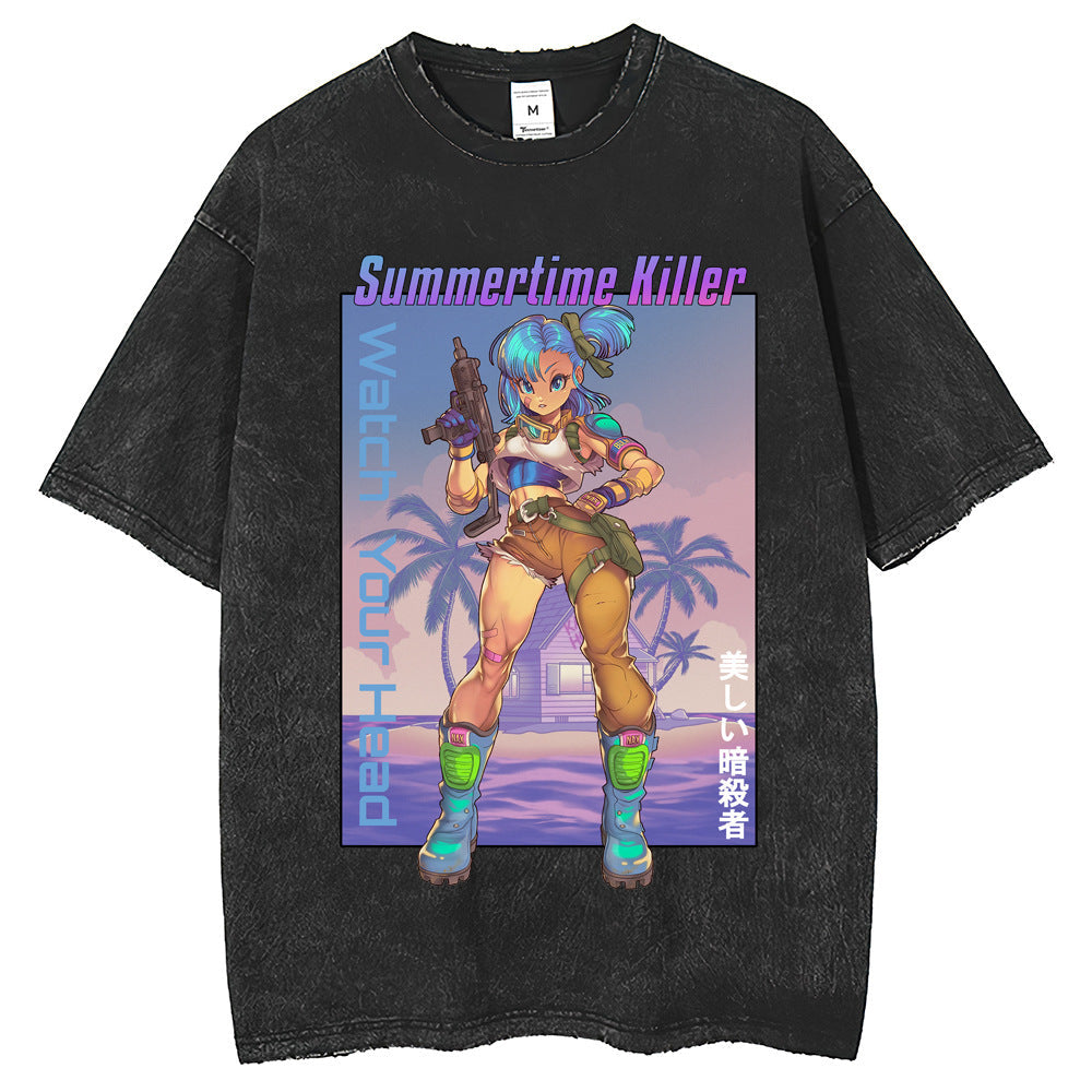 Men T Shirts Dragon Ball Anime Boomer Printing T-Shirt Washed Old Short Sleeve Loose