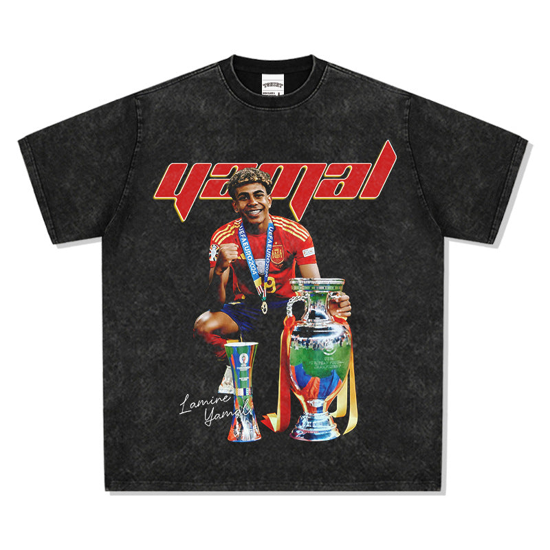 Mens Vintage Football T-Shirt Vintage Lamine Yamal Printed Short Sleeve T-Shirt Washed Cotton Crew Neck