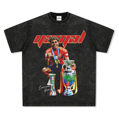 Mens Vintage Football T-Shirt Vintage Lamine Yamal Printed Short Sleeve T-Shirt Washed Cotton Crew Neck