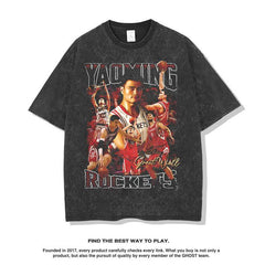 Nba T Shirt Summer Vintage Yao Ming Basketball Printed Short-Sleeved T-shirt American Retro Washed Distressed