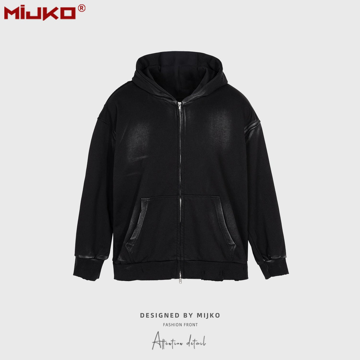 Mens Jacket Two-way Zipper Distress Hooded Sweater MIJKO