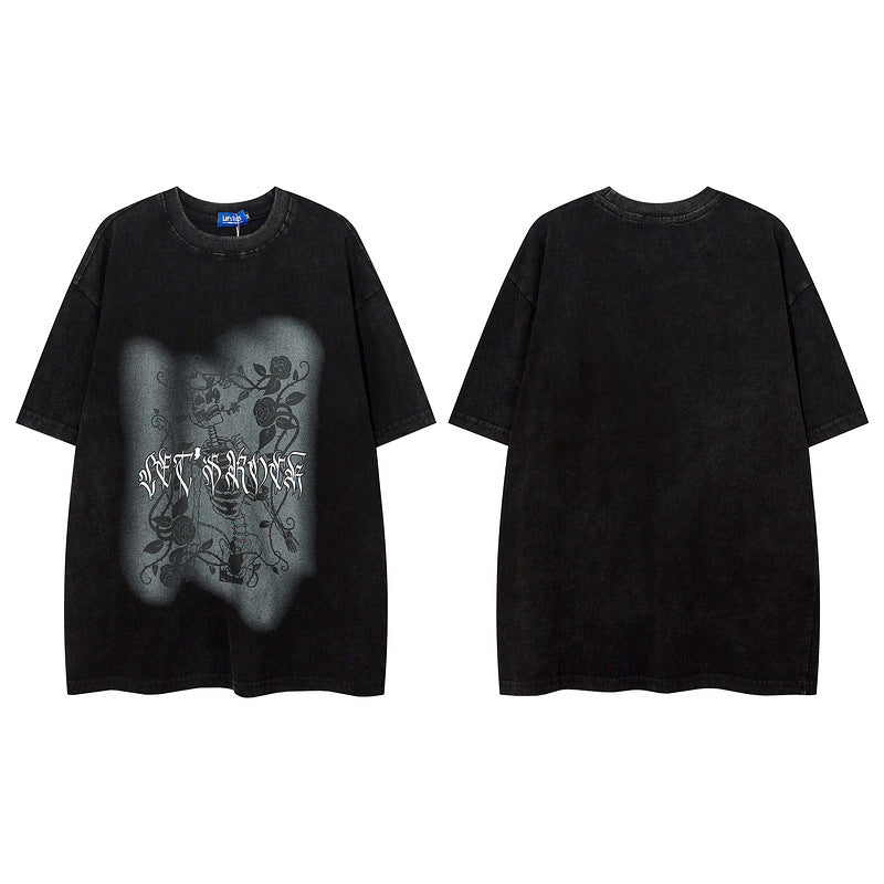 Men T Shirt Vintage Distressed Dark Portrait Wash Couple Short Sleeve T-shirt Men