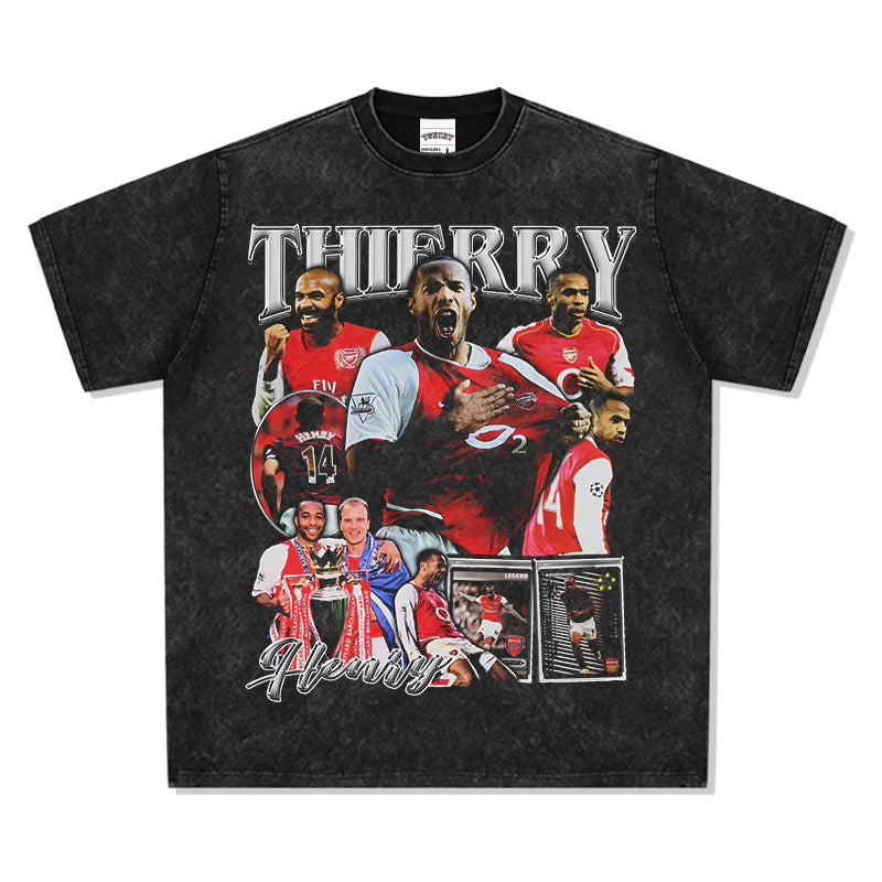 Mens Vintage Football T-Shirt Vintage Henry Printed Short Sleeve T-Shirt Washed Crew Neck