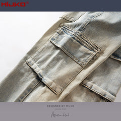 Men Vintage Pants Multi-pocket Straight Jeans With Belt MIJKO