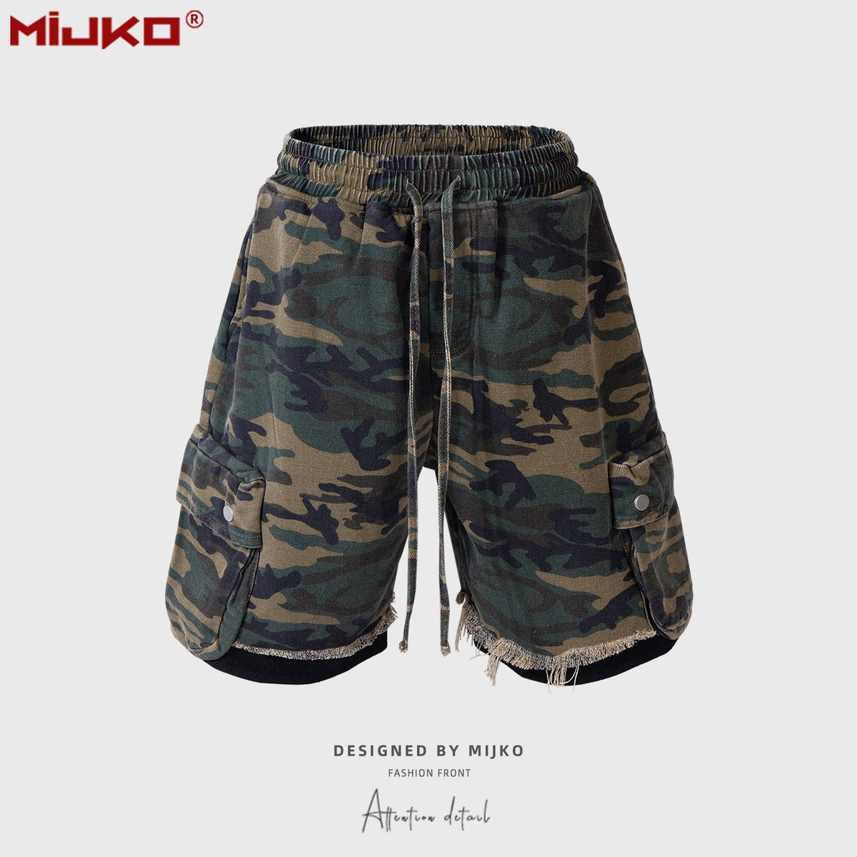 GGGard MIJKO series men's clothing women's spring and summer men's and women's same casual pants drawstring splicing design heavy camouflage tooling shorts tide