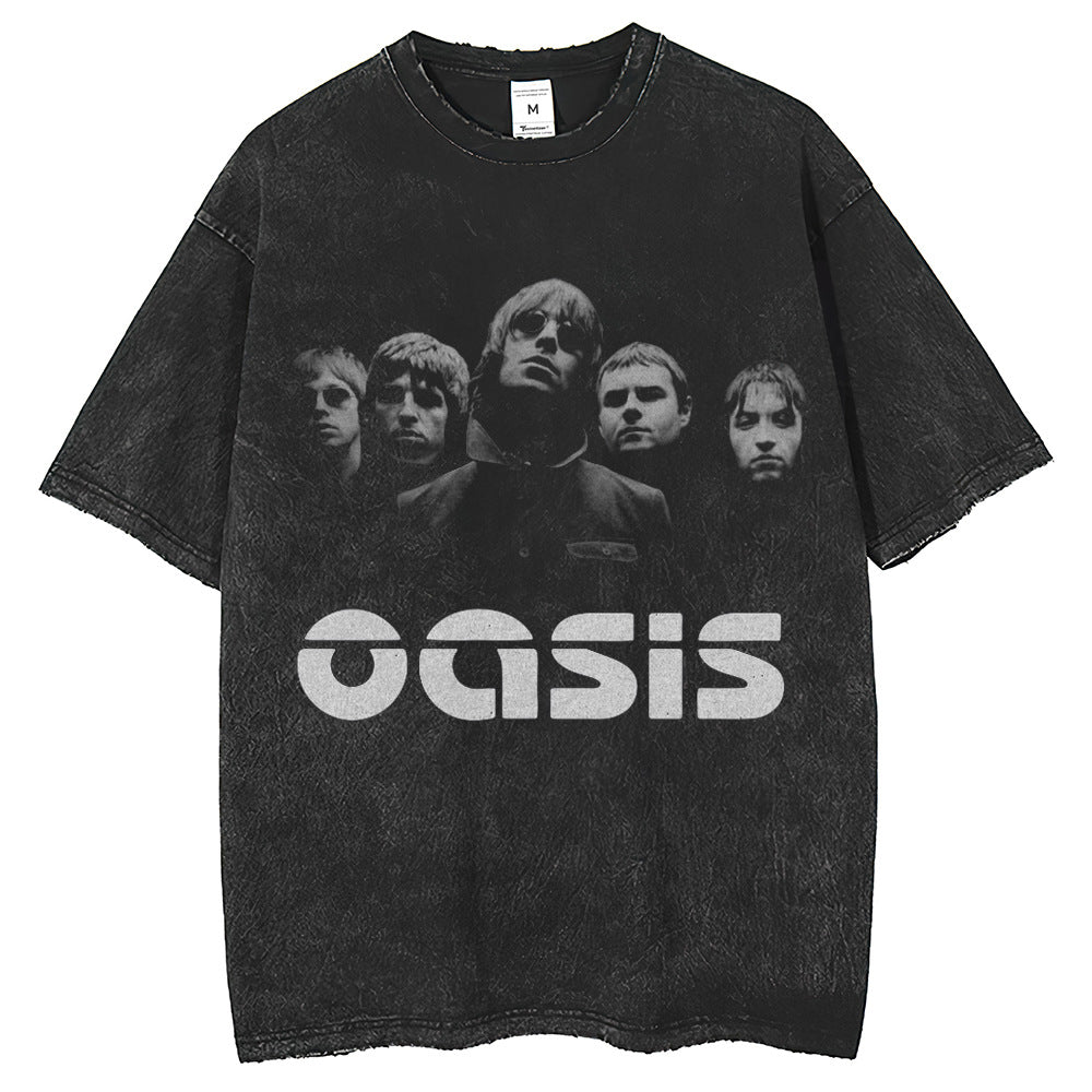 Men T Shirts Washed Vintage Band Print Loose Crew Neck