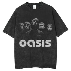 Men T Shirts Washed Vintage Band Print Loose Crew Neck