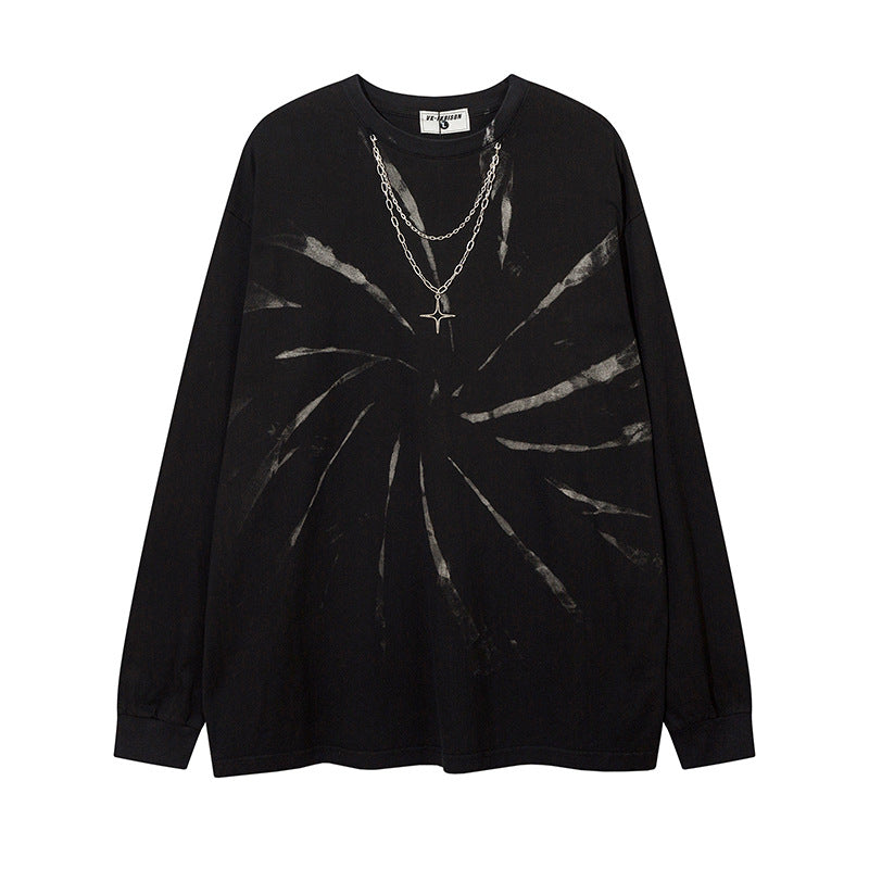 Men Long Sleeve T Shirt Necklace T-shirt Tie-Dyed Loose Cotton