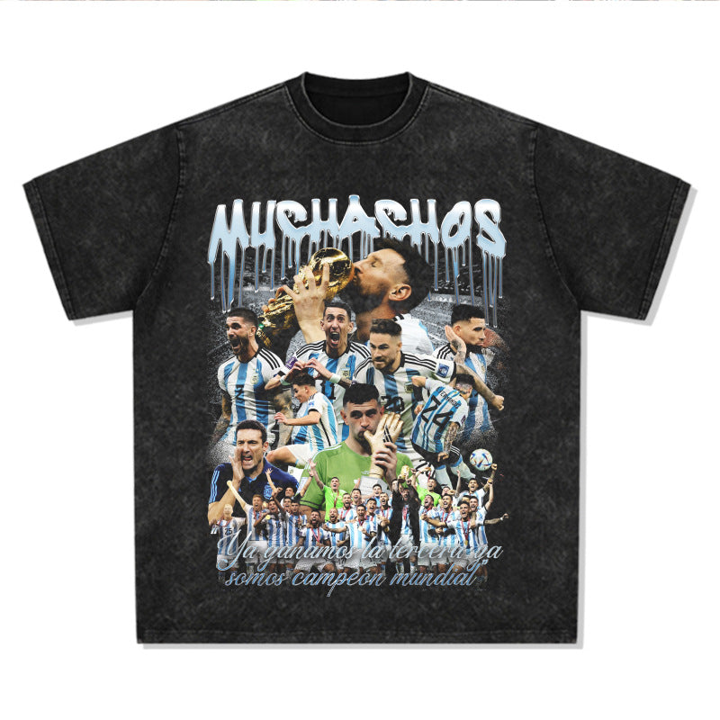 Mens Vintage Football T-Shirt Vintage Argentina Messi Printed Short Sleeve T-Shirt Versatile Crew Neck Wash