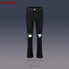 Mens Vintage Pants Zipper Leg Ripped Unisex Jeans MIJKO