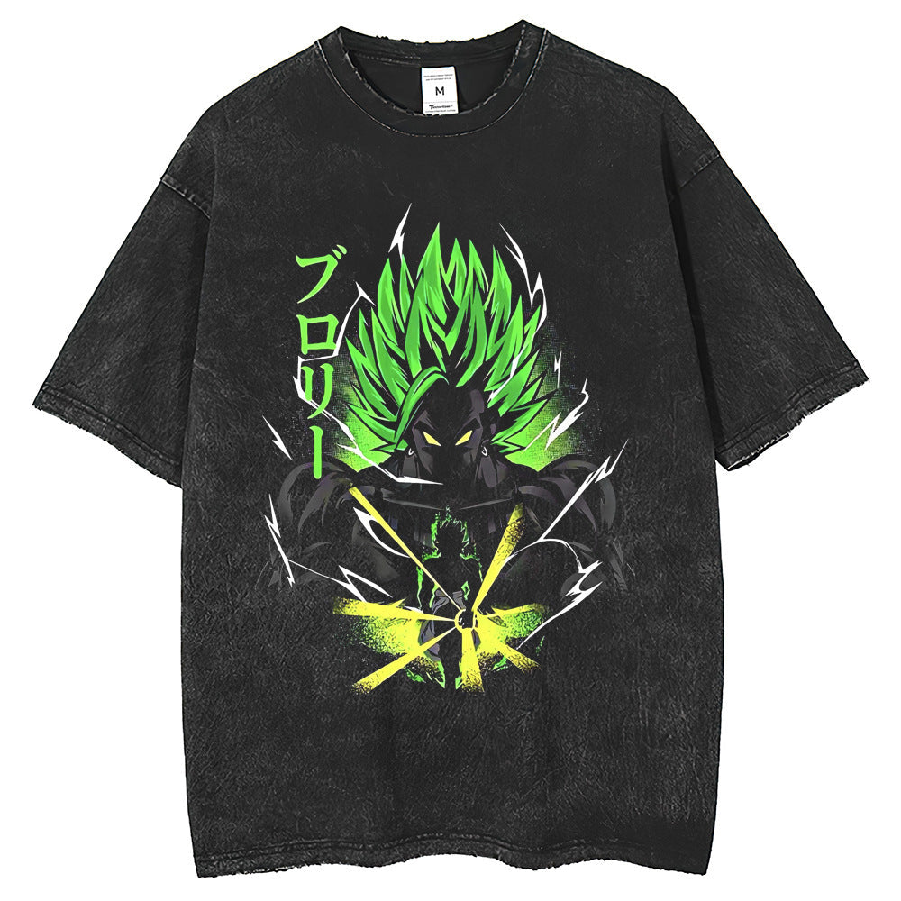 Men T Shirts Retro Blue Dragon Print Short Sleeve T-Shirt Washed Old Top