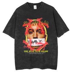 Men T Shirts Eminem Printed Crew Neck Short Sleeve Vintage Washed Old