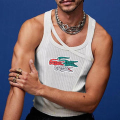 Rave Outfits Mens Vest White with Printed Pattern T-shirt