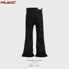 Mens Vintage Pants Rotten Ripped Brush Wax Bootcut Jeans MIJKO