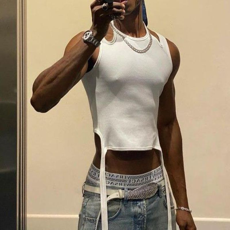 Rave Outfits Men Vest Shoulder Strap Stretch Knitted