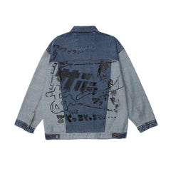 Graffiti Color Block Denim Coat Men's Stitching Shirt Top Large Size Loose Men Denim Jacket