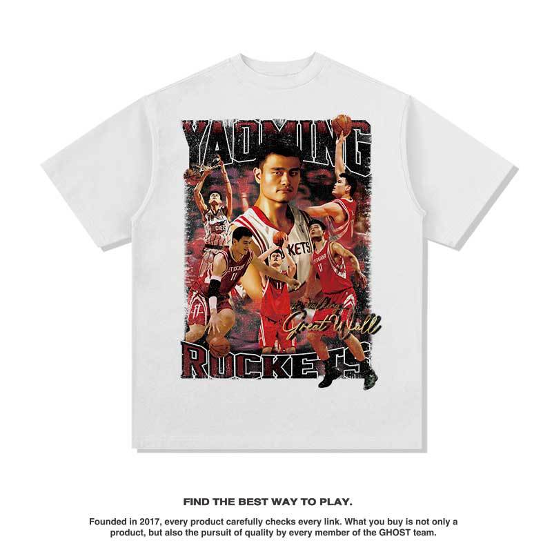 Nba T Shirt Summer Vintage Yao Ming Basketball Printed Short-Sleeved T-shirt American Retro Washed Distressed