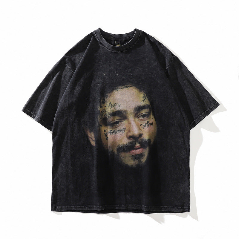 T-shirt homme rétro délavé déchiré imprimé anime manches courtes ample