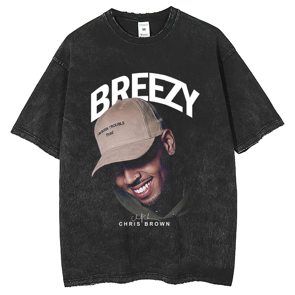 Mens T Shirts Printed Short Sleeve T-Shirt Vintage Washed Old