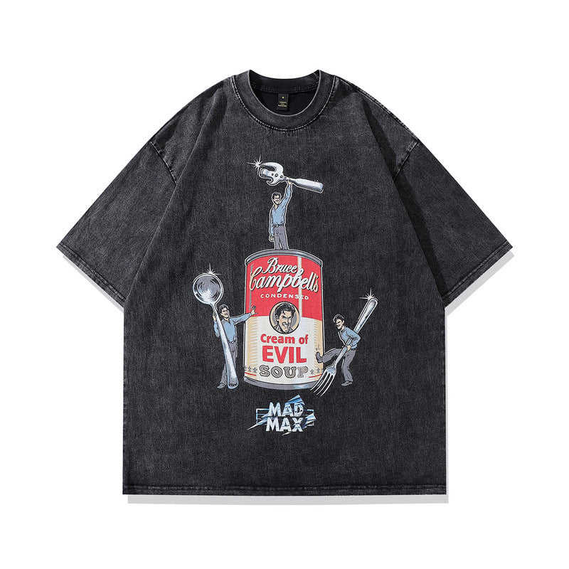 T-shirt homme noir délavé vieilli coupe ample style vintage pour hommes et femmes