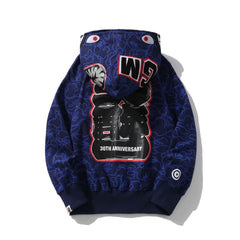 Trendy brand shark head sweater men's camouflage full print 30th anniversary pure cotton thin velvet hooded sweater hoodie