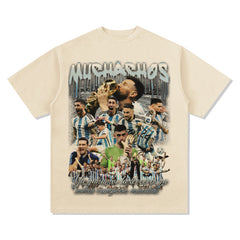 Mens Vintage Football T-Shirt Vintage Argentina Messi Printed Short Sleeve T-Shirt Versatile Crew Neck Wash