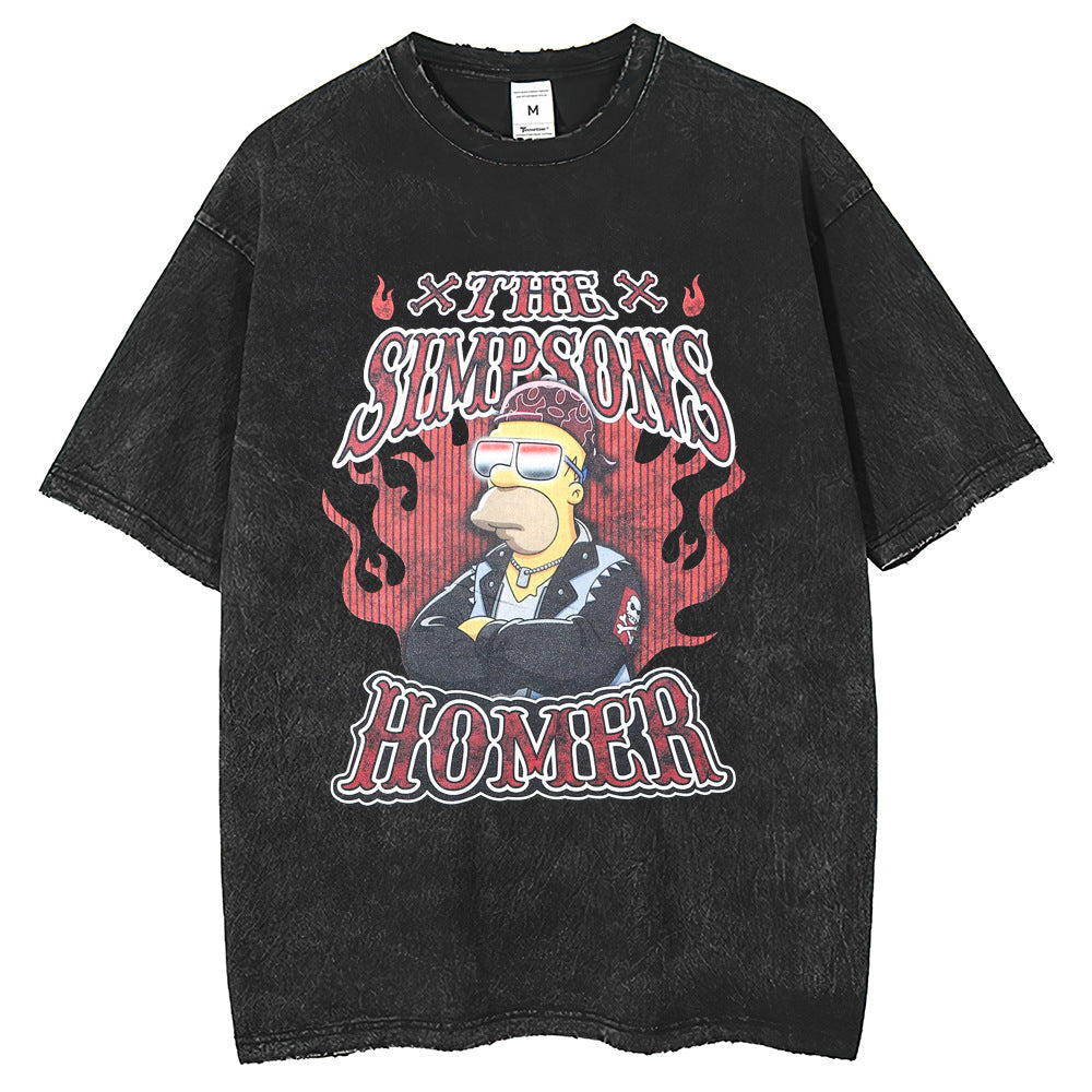 Mens T Shirts Summer Washing Old Printed Short Sleeves Simpsons