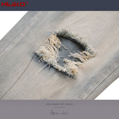 Mens Vintage Pants Zipper Slim Fit Ripped Old Jeans MIJKO