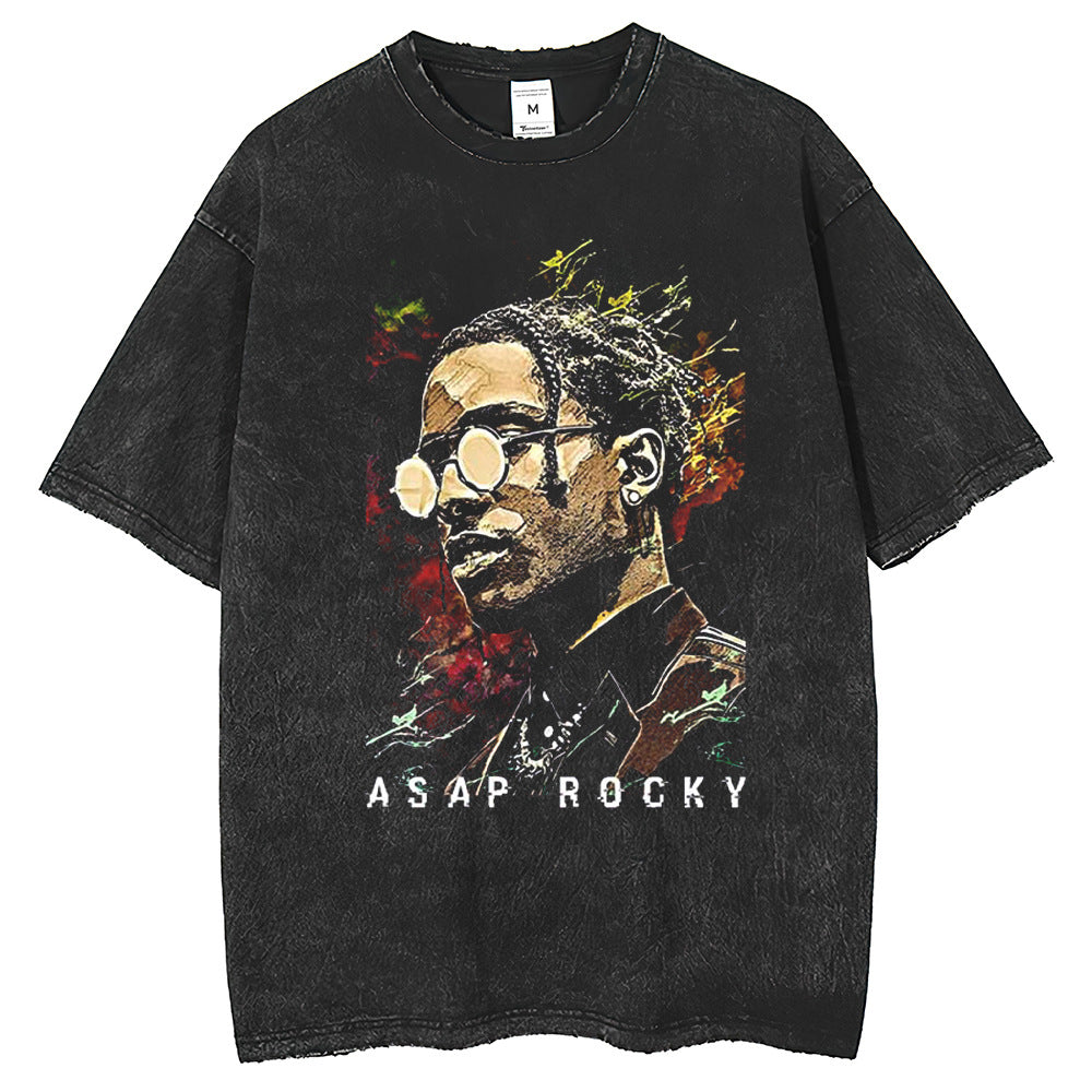 Mens T Shirts Washed Loose Cotton Edged Short Sleeve T-Shirts