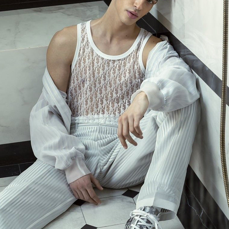 Rave Outfits Mens Vest Stretch Knitted Hollow Out Base Clothing