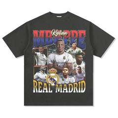 Mens Vintage Football T-Shirt Vintage Mbappe Printed Short Sleeve T-Shirt Washed Crew Neck