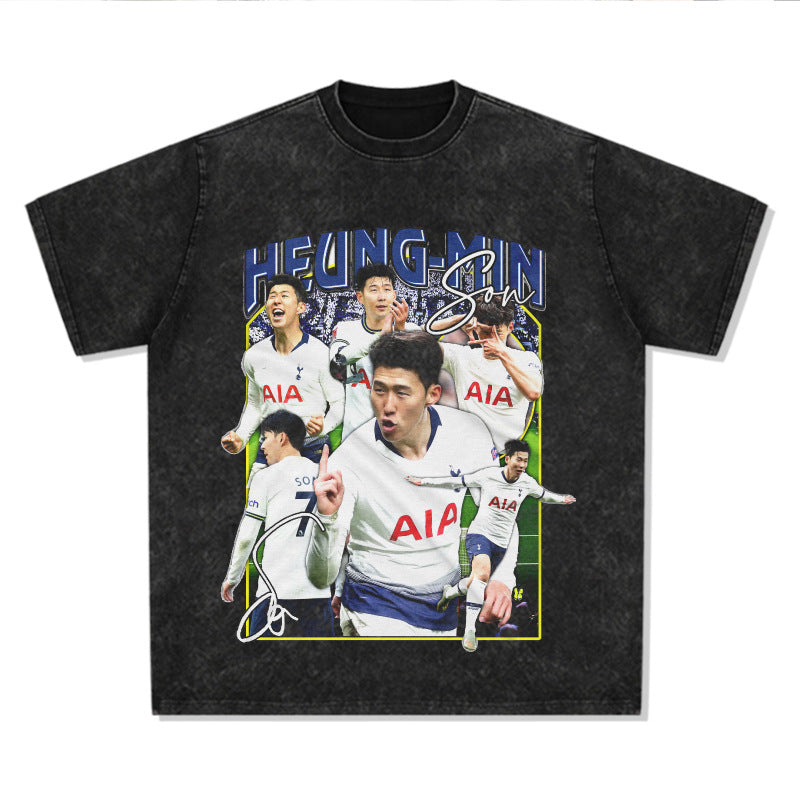 Men Vintage Football T-Shirt Vintage Hueng-Min Son Printed Short Sleeve T-Shirt Versatile Crew Neck