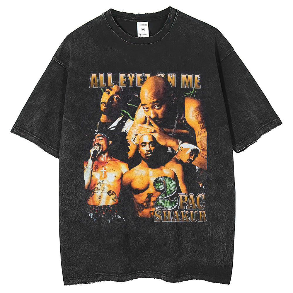 Mens T Shirts Washing 2pac Street Tide Print Crew Neck Short Sleeves