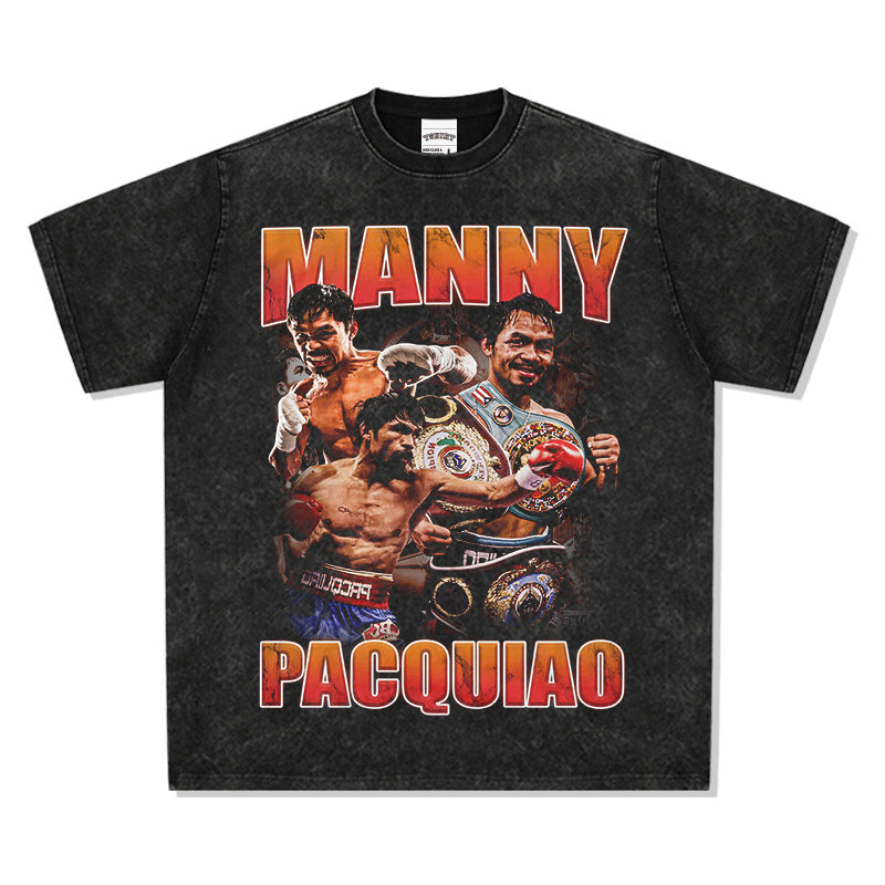Men Vintage Boxer T-Shirts Manny Pacquiao Pac Men Printed Short Sleeve T-Shirt Washed Top