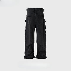 Mens Vintage Pants Tooling Wash High Street Wide Feet Black Jeans MIJKO